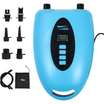 Aqua Spirit Electric SUP Pump Dual Motor with LCD Screen, 20 PSI Max Pressure, Automatic Stop, Compact Design, 6 Nozzles, Drawstring Bag - Ideal for Inflating Paddle Boards, Kayak, Boats and more - Aqua Spirit iSUPs UK